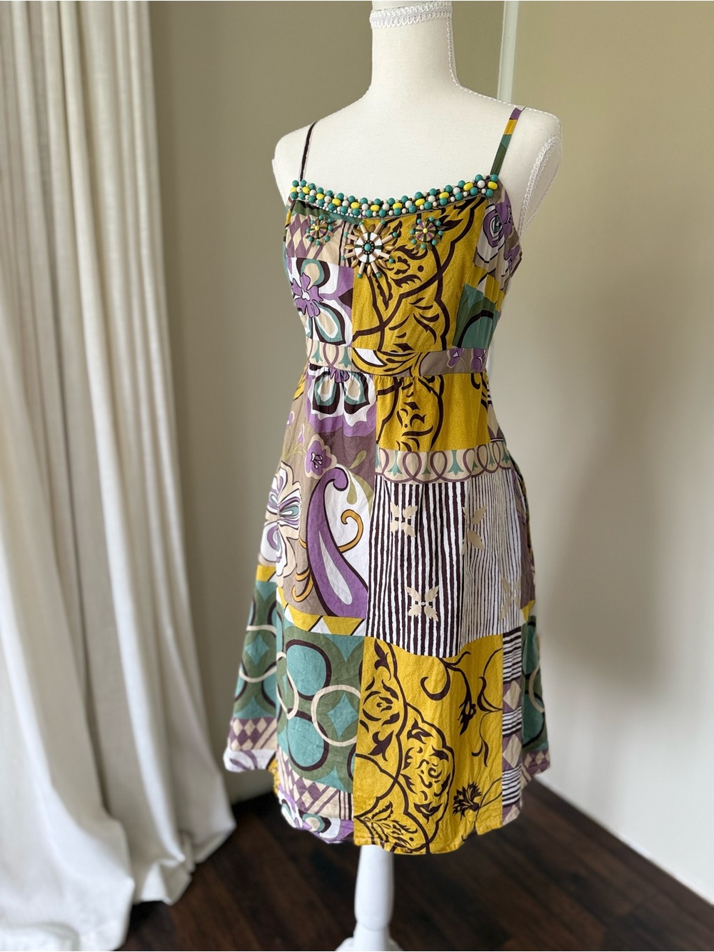 Vintage CAbi Multicolor Patchwork Sundress with Mustard Purple Teal Beading - Picture 2 of 9